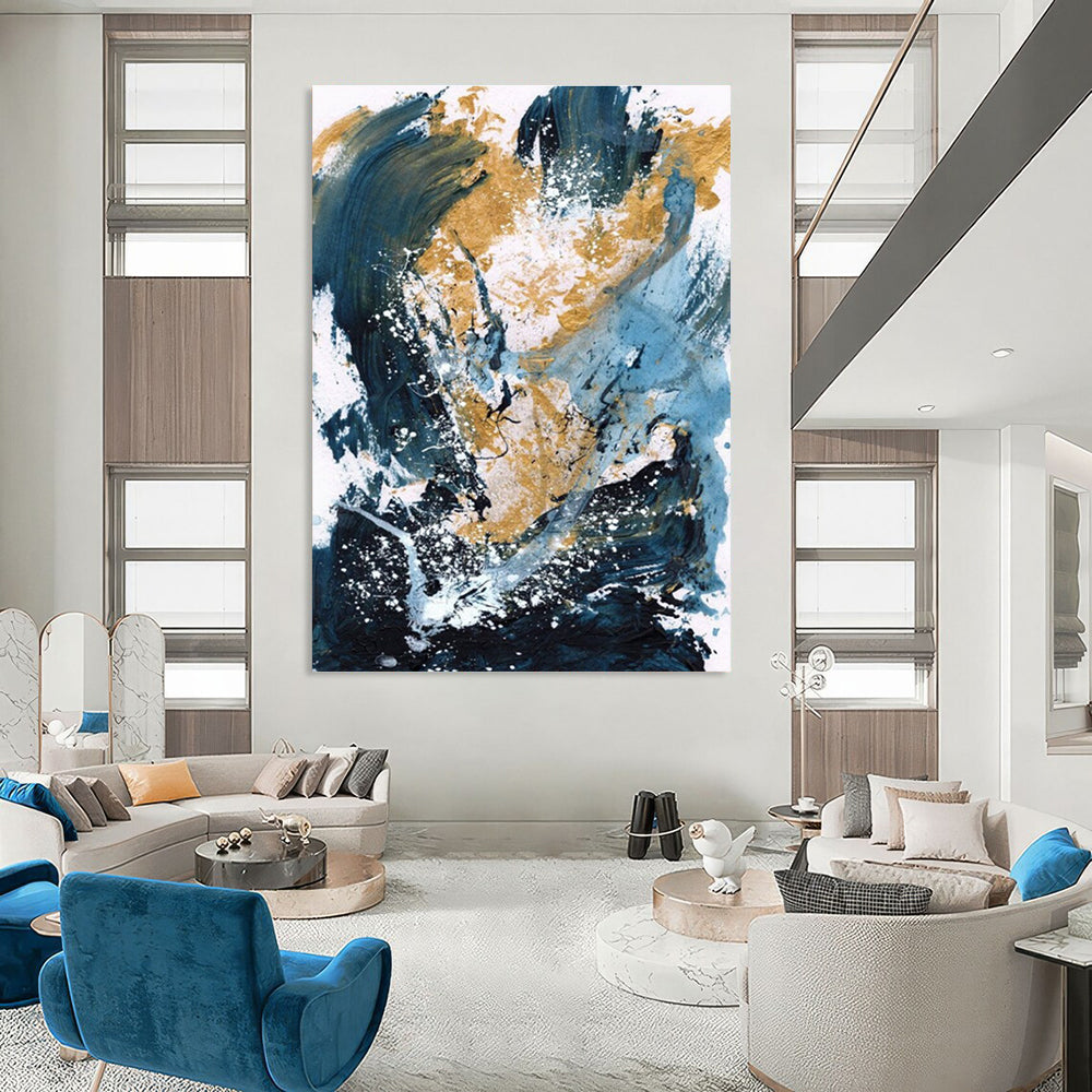 Dynamic Blue - Gold Abstract Splash Painting for Luxe Interiors HENG234