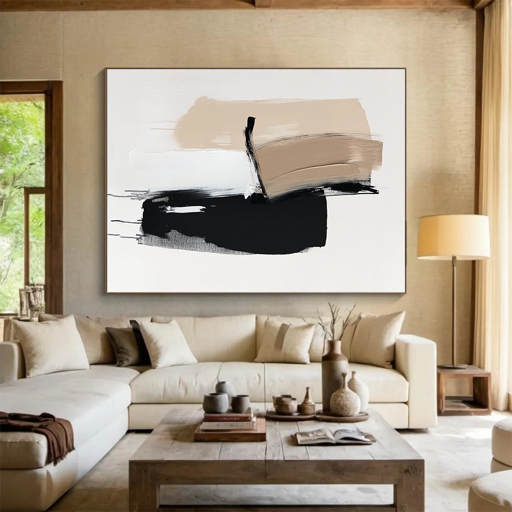 Beige Black White Abstract Painting with Minimalist Forms WINK632