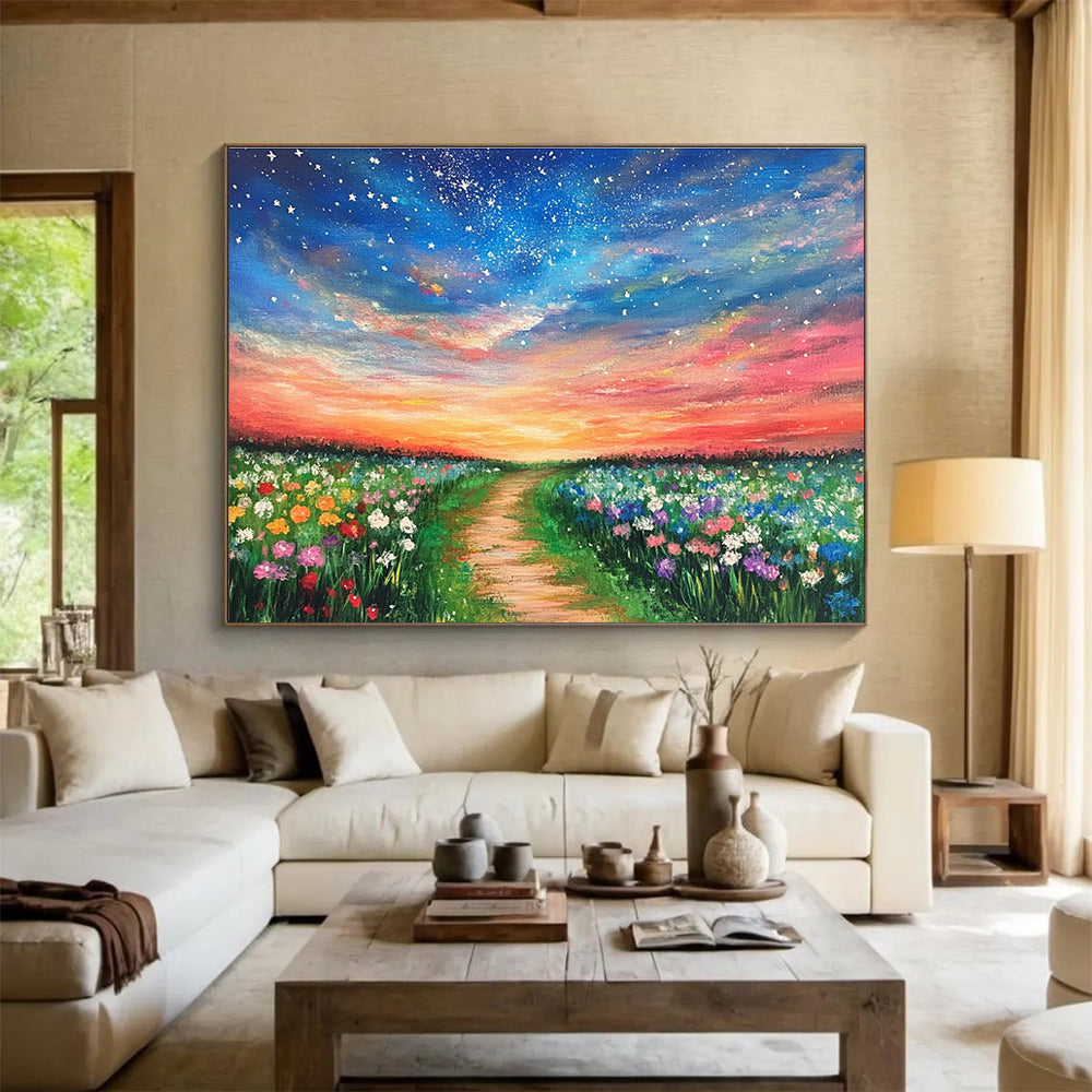 Enchanted Flower Field Path Painting with Vibrant Whimsical Charm ABS555