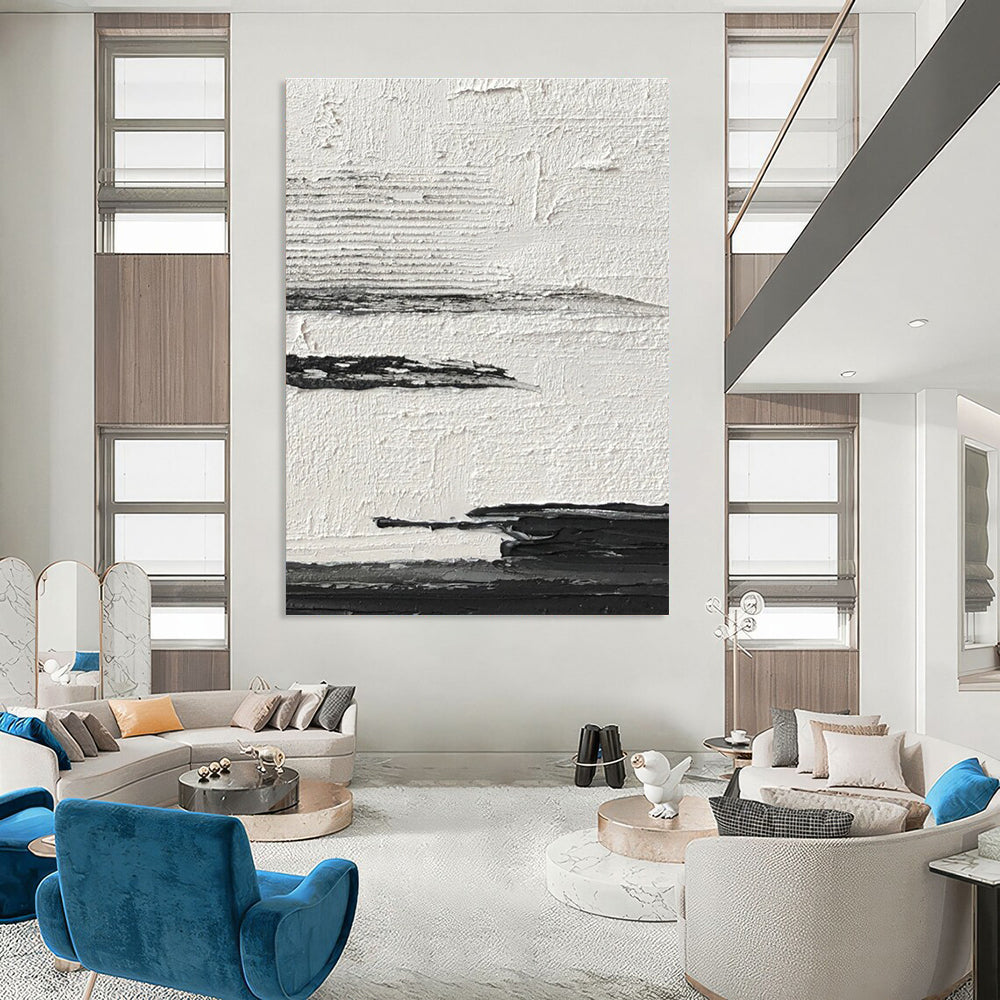 Black and White Textured Horizontal Layers Abstract Painting for Minimalist Bedrooms HENG369