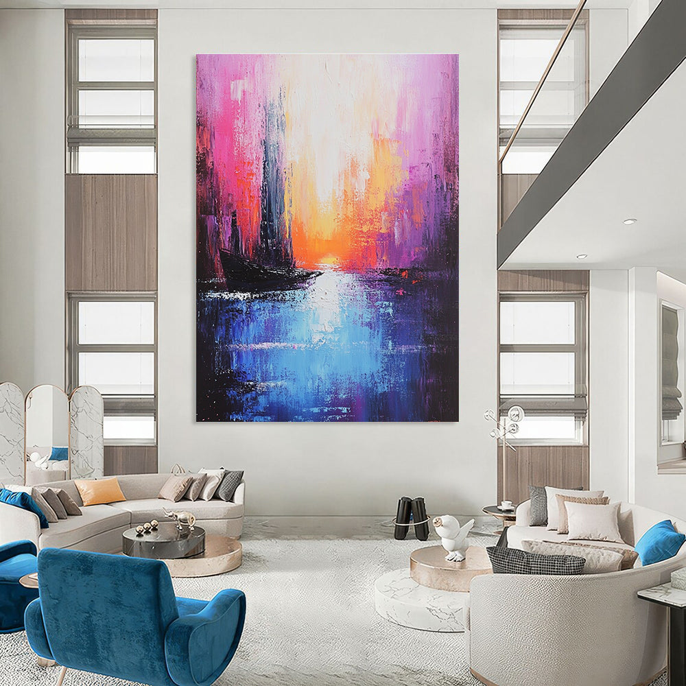 Pink Sunset Cityscape Abstract Painting for Romantic Interiors GAB0734