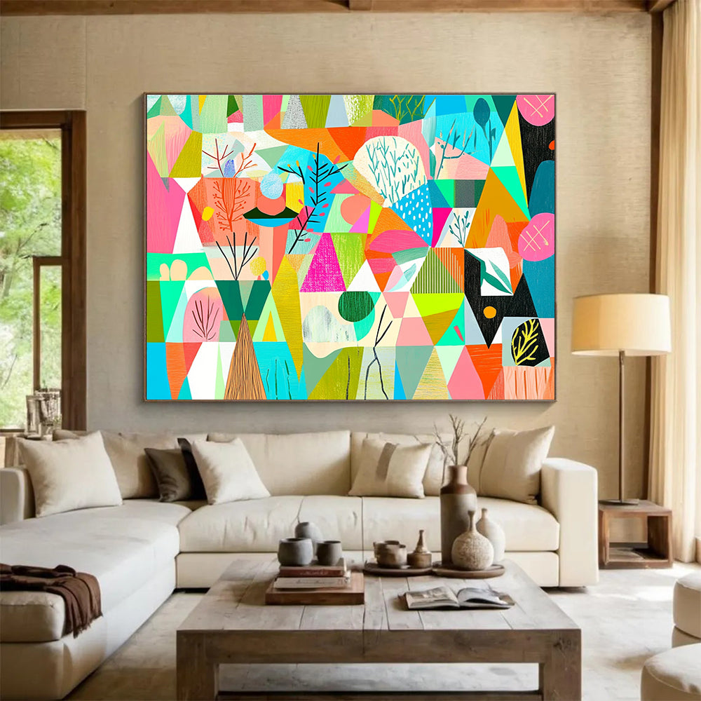 Geometric Nature Collage: Whimsical Landscape Reimagined Abstract Painting ABS154