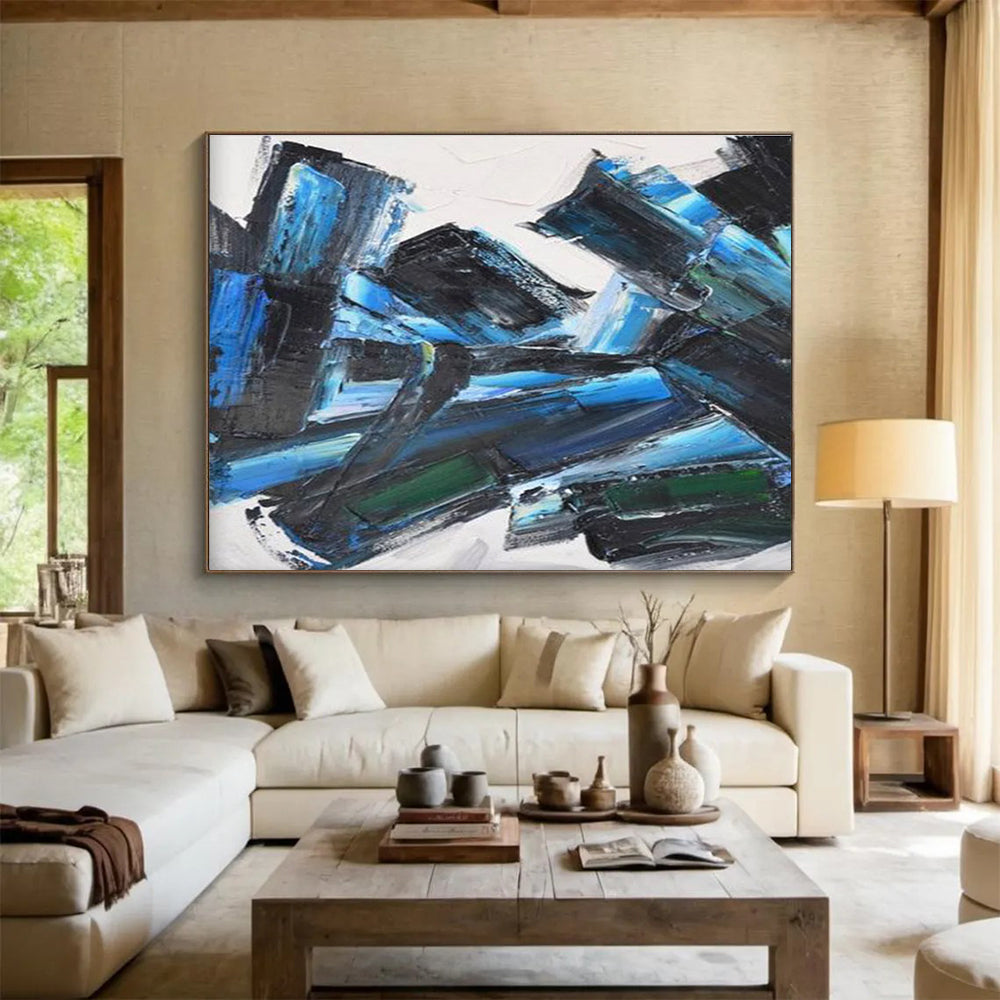 Blue and Black Abstract Painting for Sophisticated Corporate Boardrooms YHT284