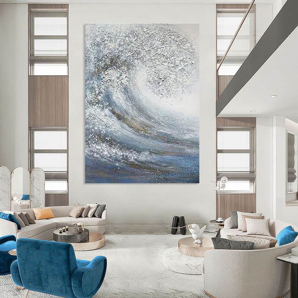 Dynamic White and Blue Wave Abstract Painting for Seaside Resorts HENG337