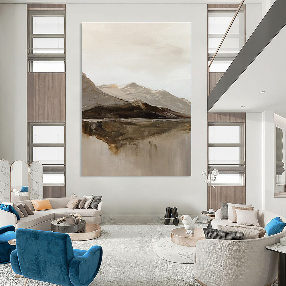 Minimalist Mountain and Lake Landscape Abstract Painting for Nature - Lover Bedrooms HENG358
