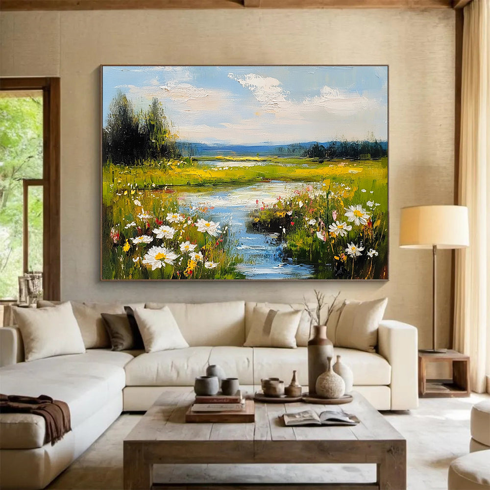 Flower - Filled River Landscape Abstract Painting with Vibrant Nature ABS594