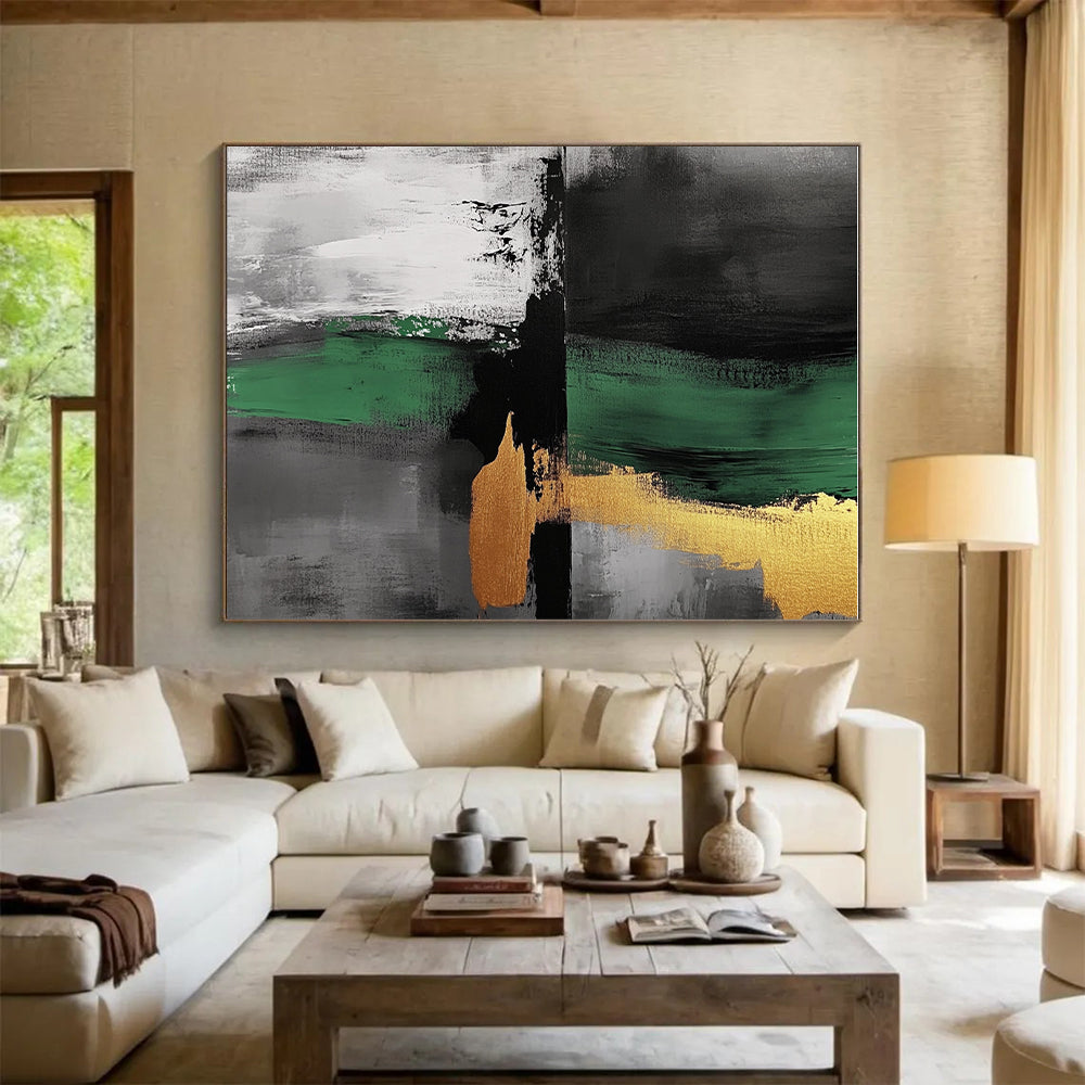 Green Black Gold Abstract Painting with Bold Accents WINK550