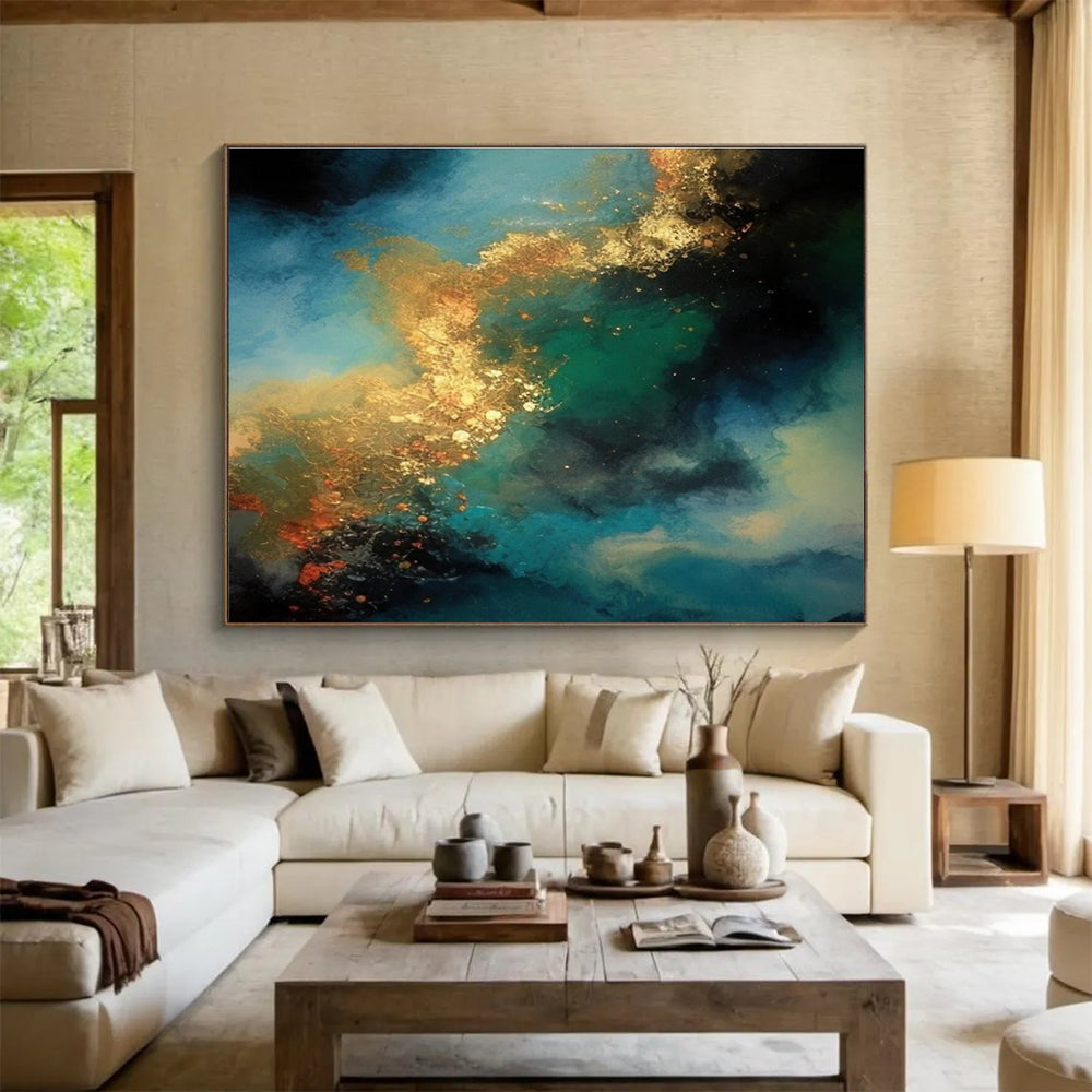 Blue - Gold Abstract Swirl Painting for Luxurious Interiors YHT071