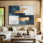 Blue - Gold - White Abstract Blocks Painting with Structured Sophistication WINK374
