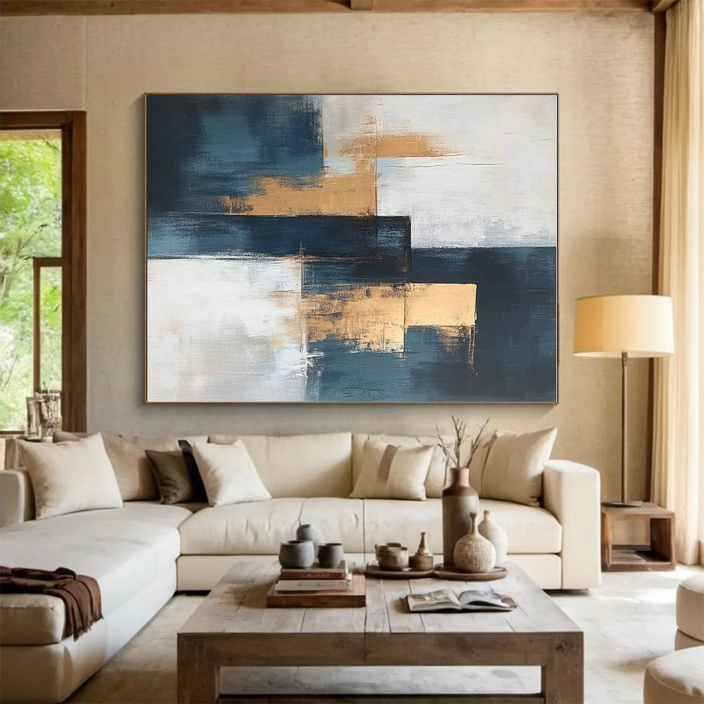Blue - Gold - White Abstract Blocks Painting with Structured Sophistication WINK374