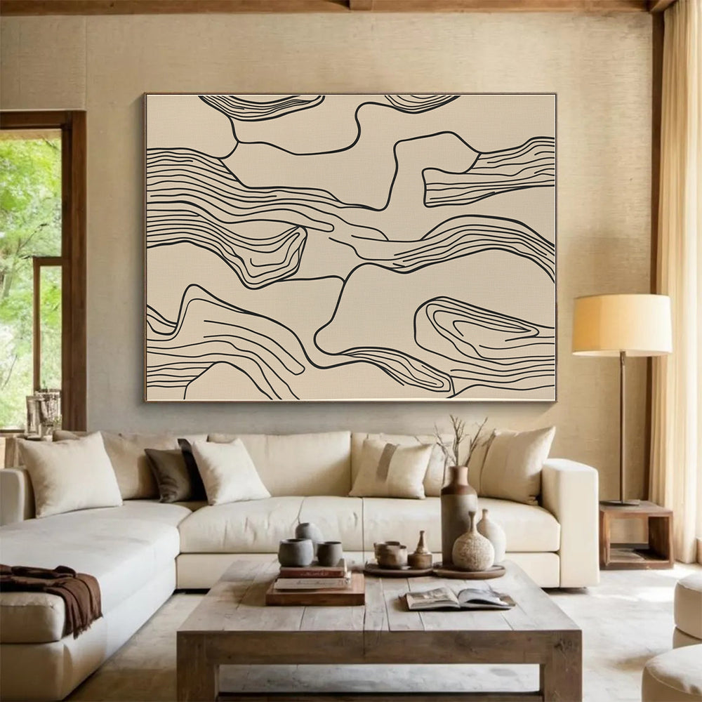 Black Line Abstract on Beige Abstract Painting with Minimalist Grace WINK268