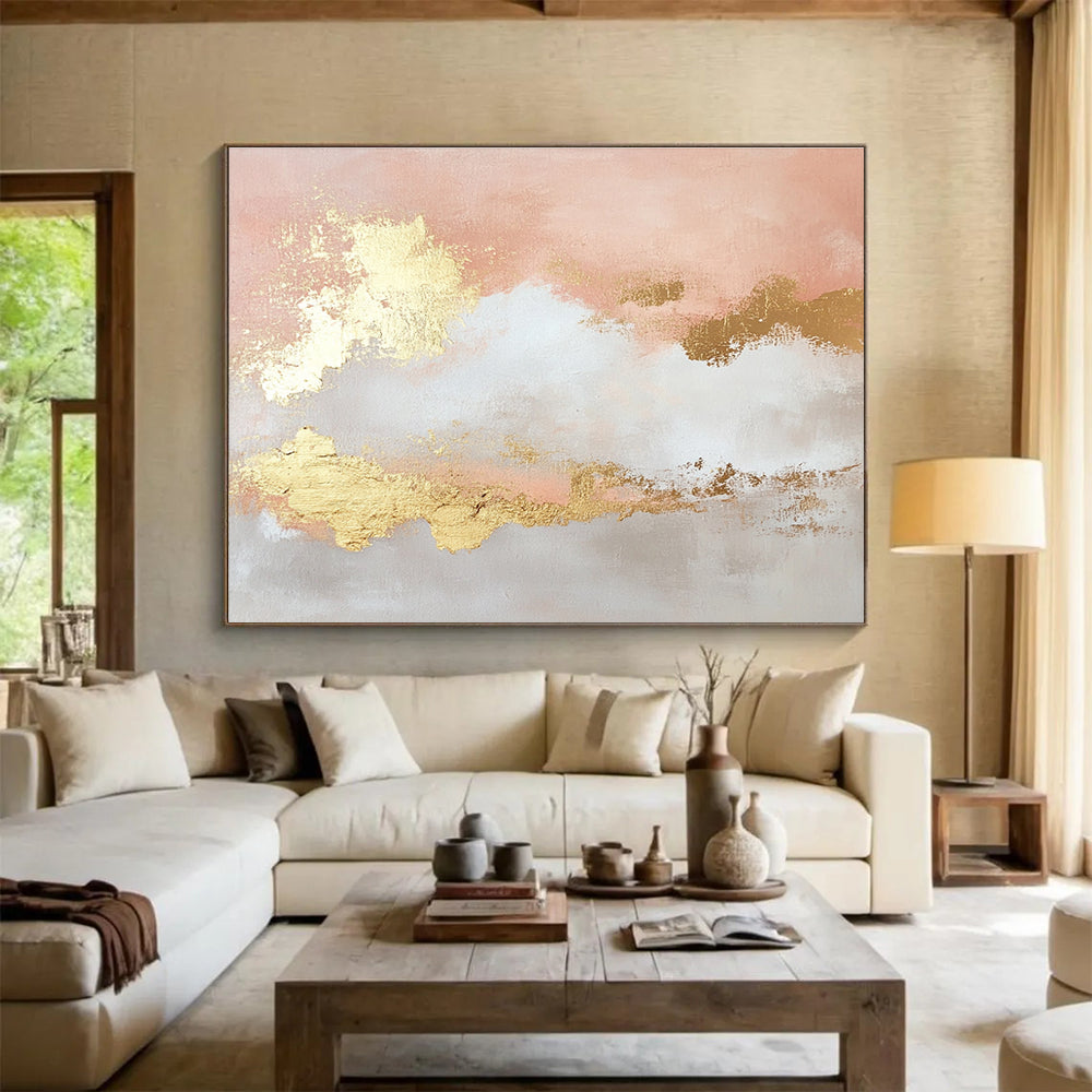 Pink and Gold Abstract Clouds Painting with Dreamy Tones ABS395