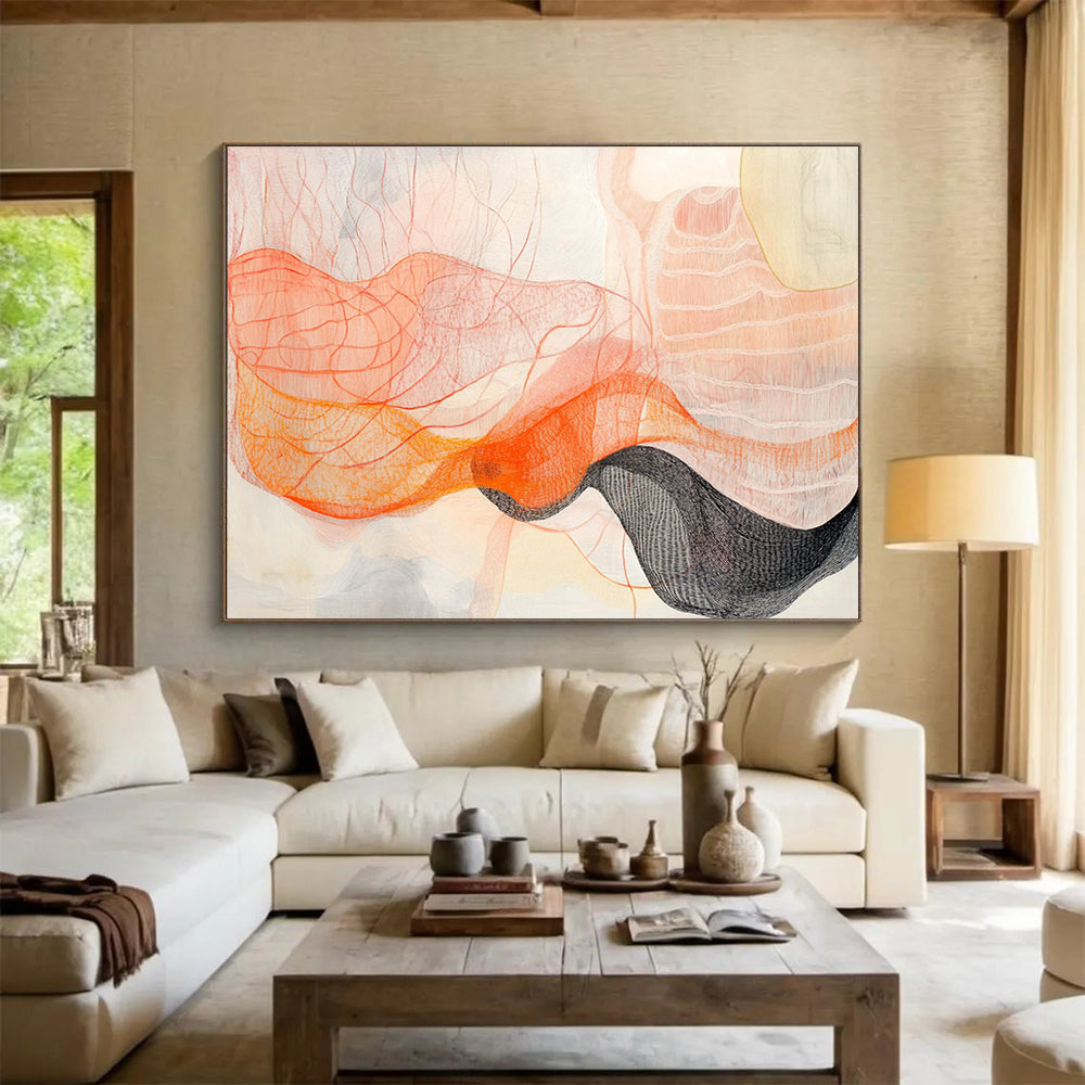 Orange and Pink Line Abstract Painting with Delicate, Flowing Textures ABS462