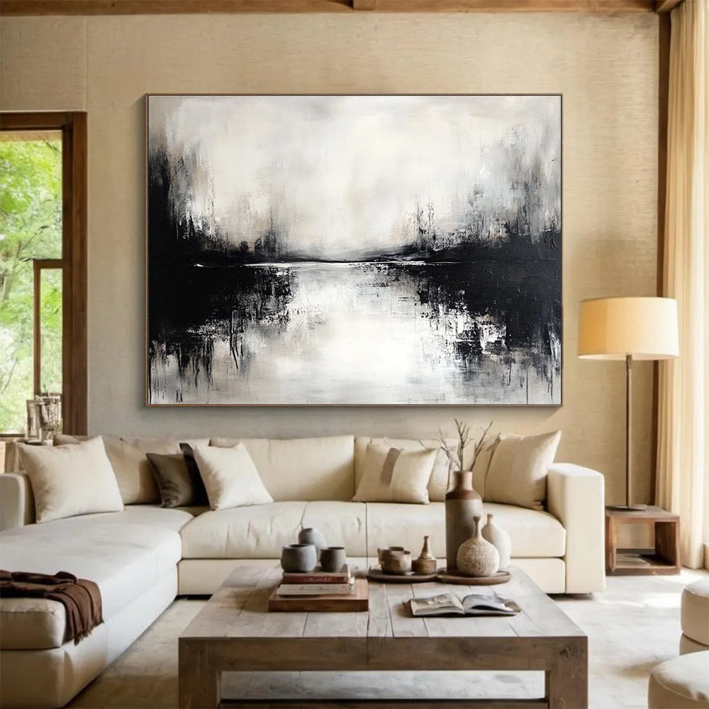 Monochrome Lake Scene: Moody Stillness in Black and White Abstract Painting ABS173