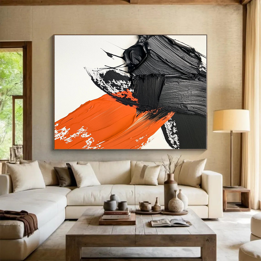 Black and Orange Textured Strokes Abstract Painting with Dynamic Energy WINK048