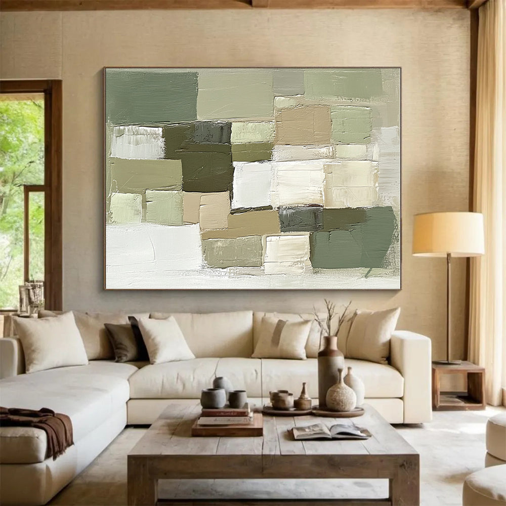 Green and Neutral Tones Abstract Painting with Textured Squares WINK811