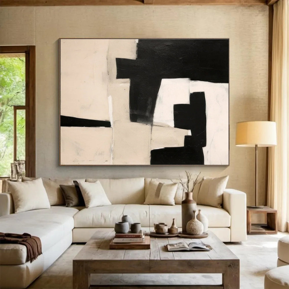 Black - White Geometric Abstract Painting for Modern Minimalist Spaces YHT070