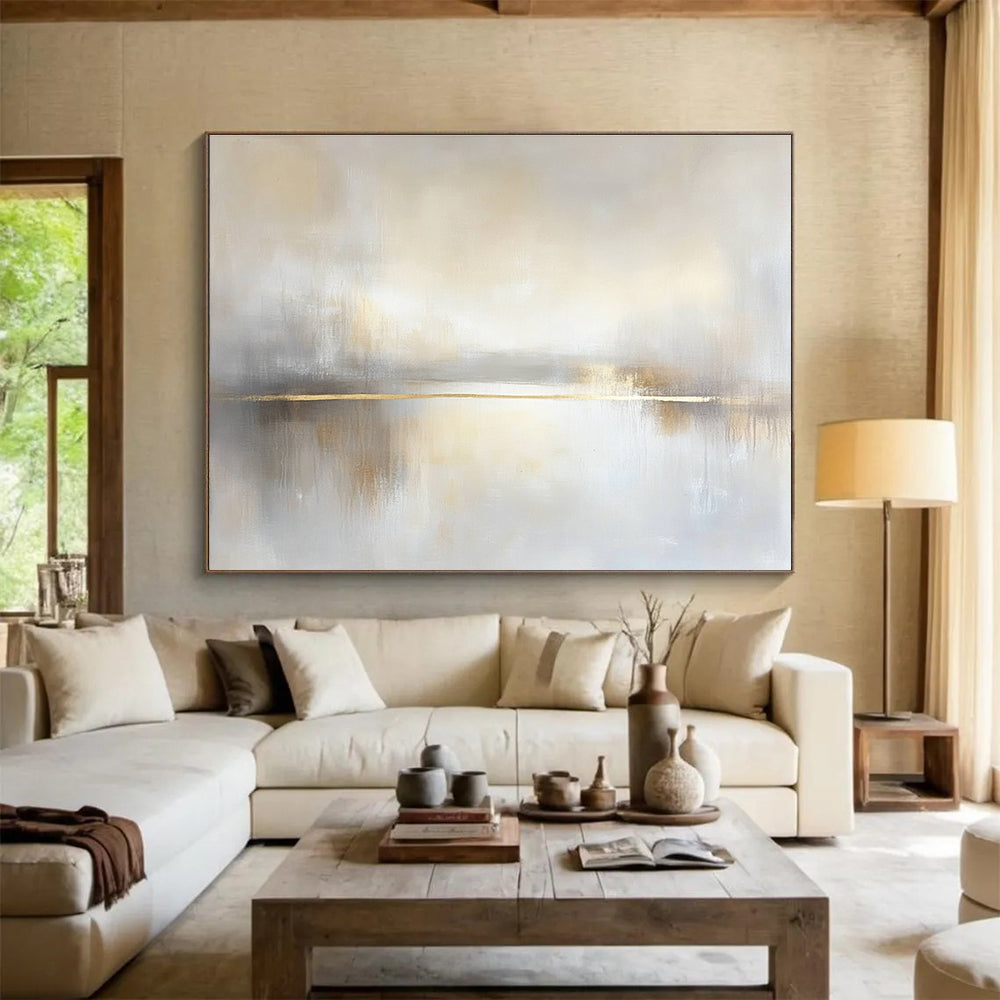 Golden Stripe Lake Abstract Painting with Subtle Elegance ABS295
