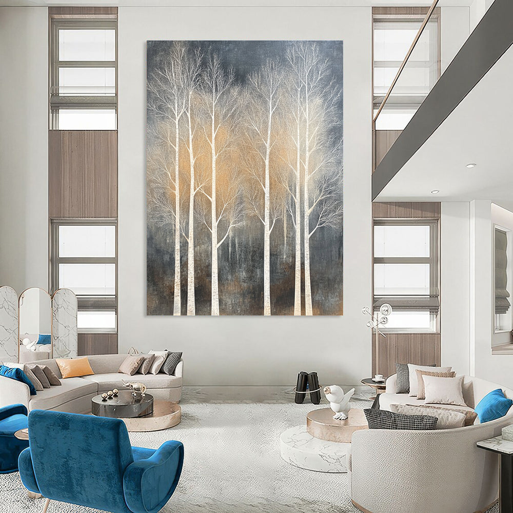 White Trees on Dark Background Abstract Painting for Nature - Inspired Living Rooms GAB0816