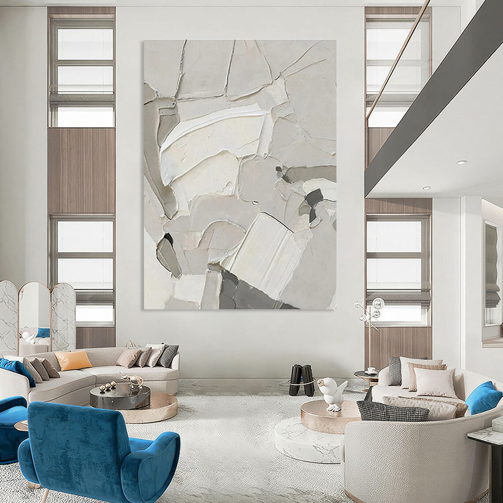 White Textured Abstract Composition Painting for Contemporary Art Galleries HENG509