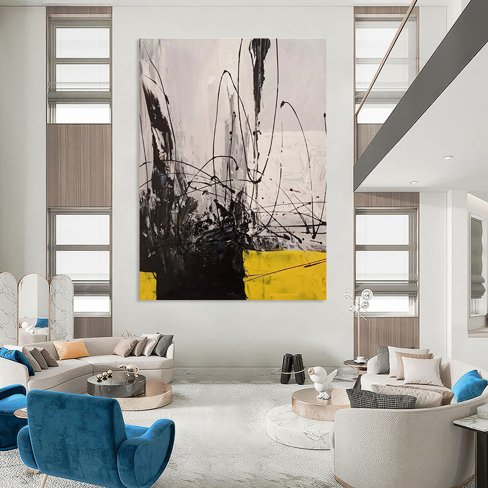 Dynamic Black and White with Yellow Abstract Painting for Creative Studio Meeting Rooms HENG053