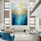 Enchanted Blue - Gold Forest Abstract Painting for Nature - Themed Cafes HENG065