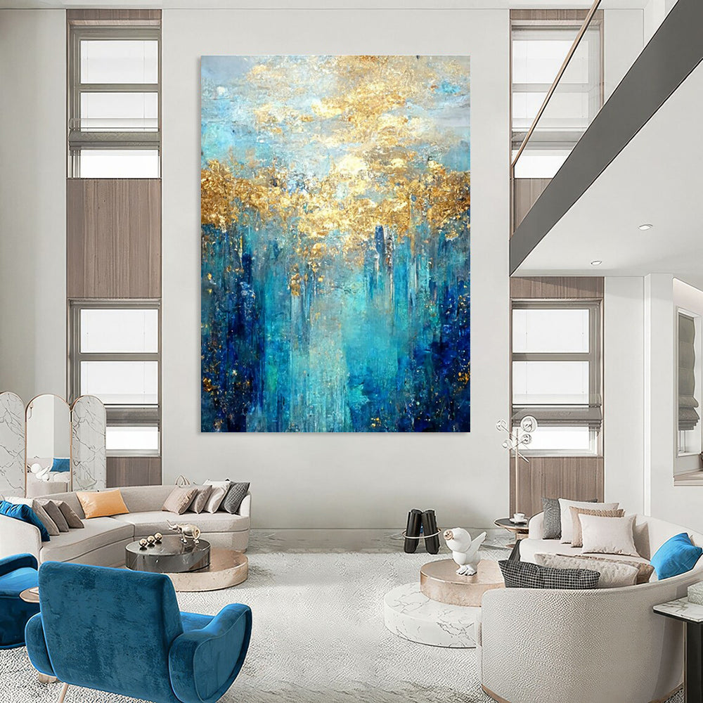 Enchanted Blue - Gold Forest Abstract Painting for Nature - Themed Cafes HENG065