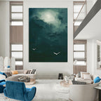 Dark Green Sky with White Birds Abstract Painting for Nature - Themed Spas HENG508