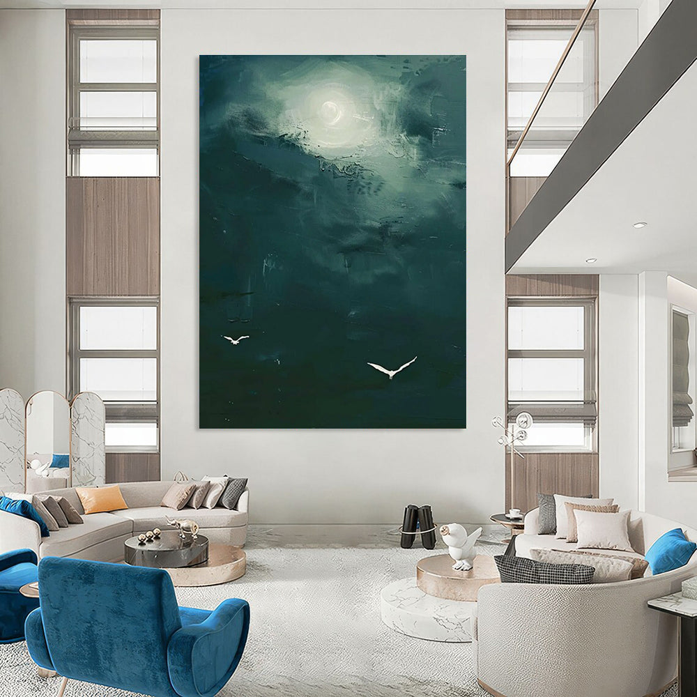 Dark Green Sky with White Birds Abstract Painting for Nature - Themed Spas HENG508