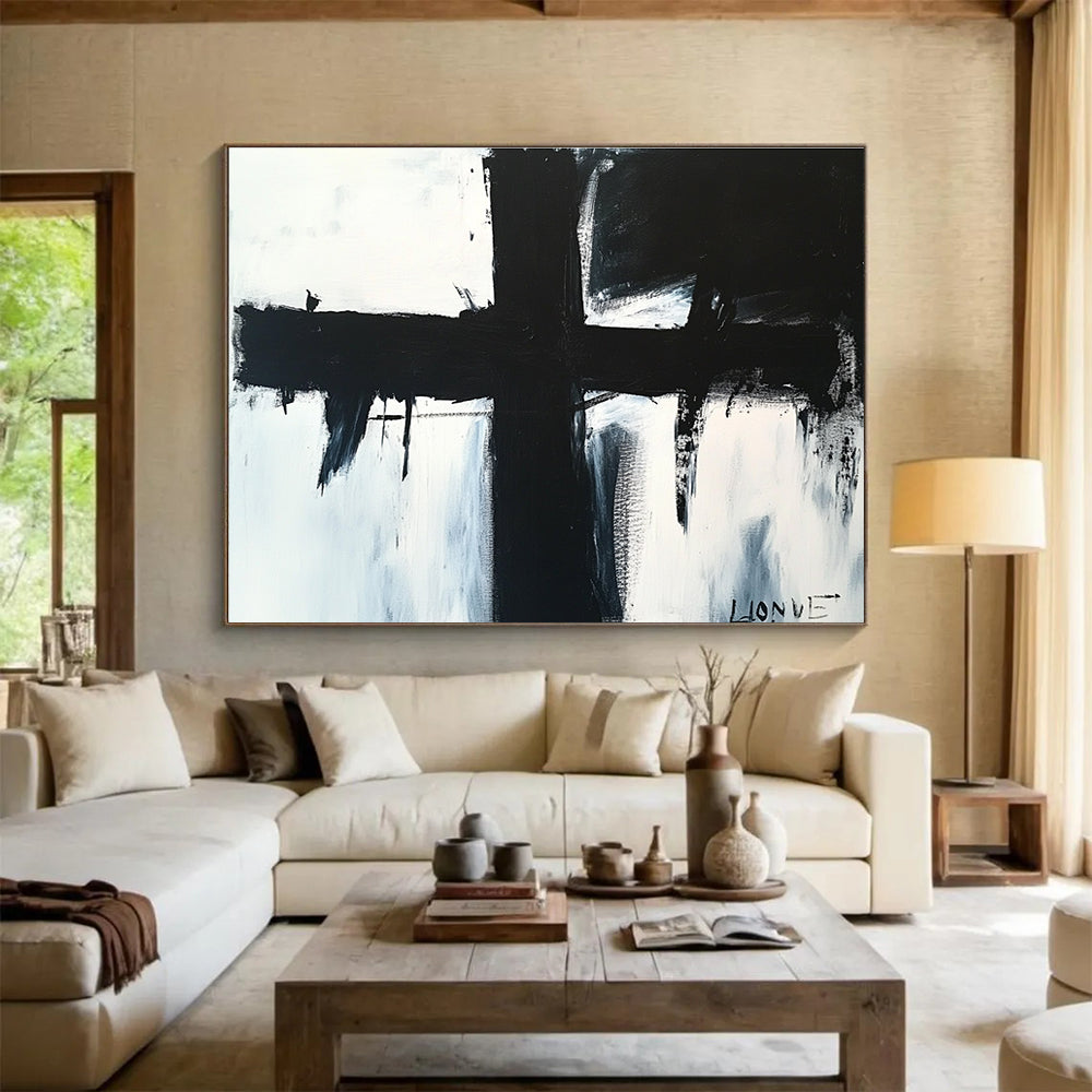 Bold Black Cross: Stark Contrast and Dramatic Impact Abstract Painting ABS179