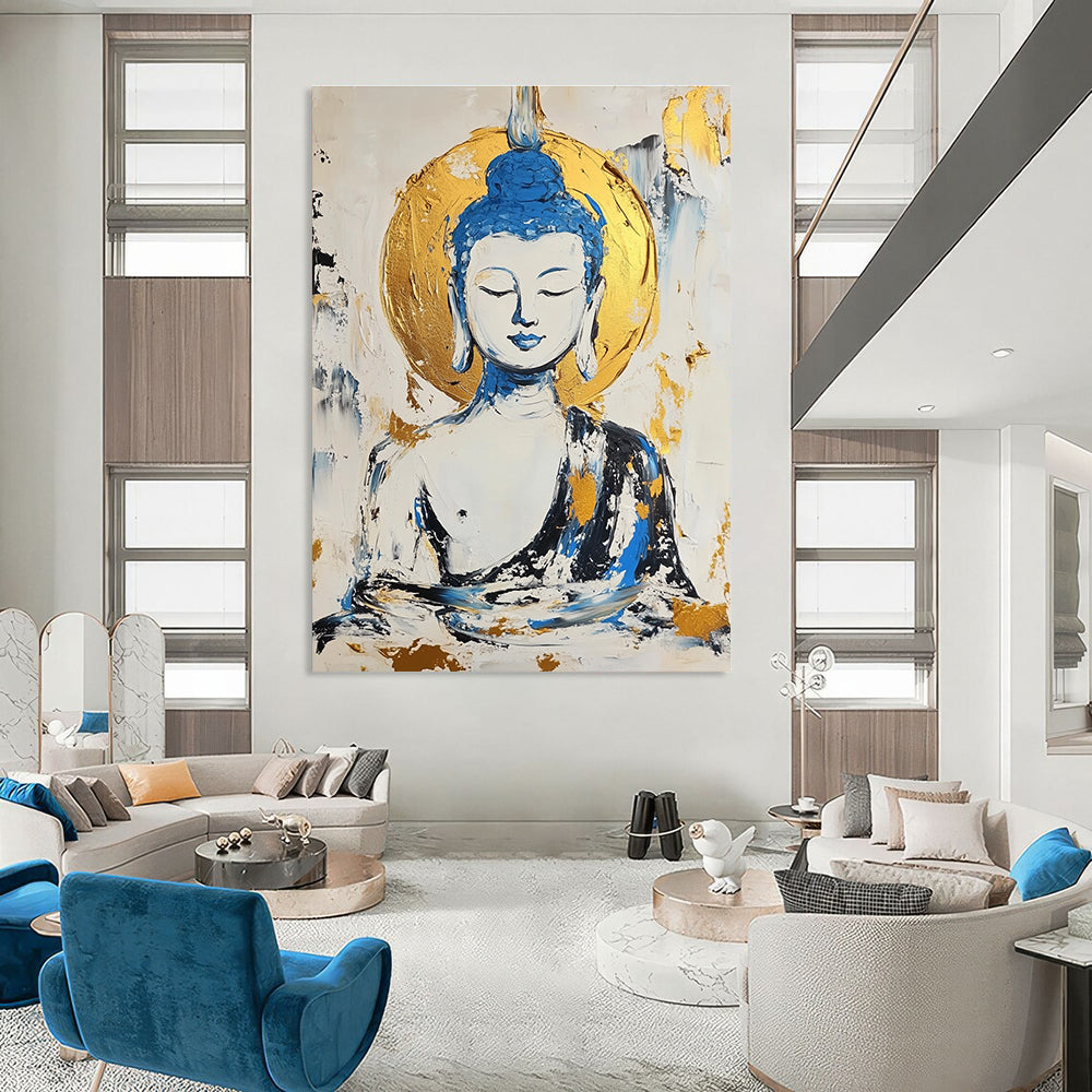 Buddha in Blue and Gold Abstract Painting for Spiritual Retreat Centers GAB0799