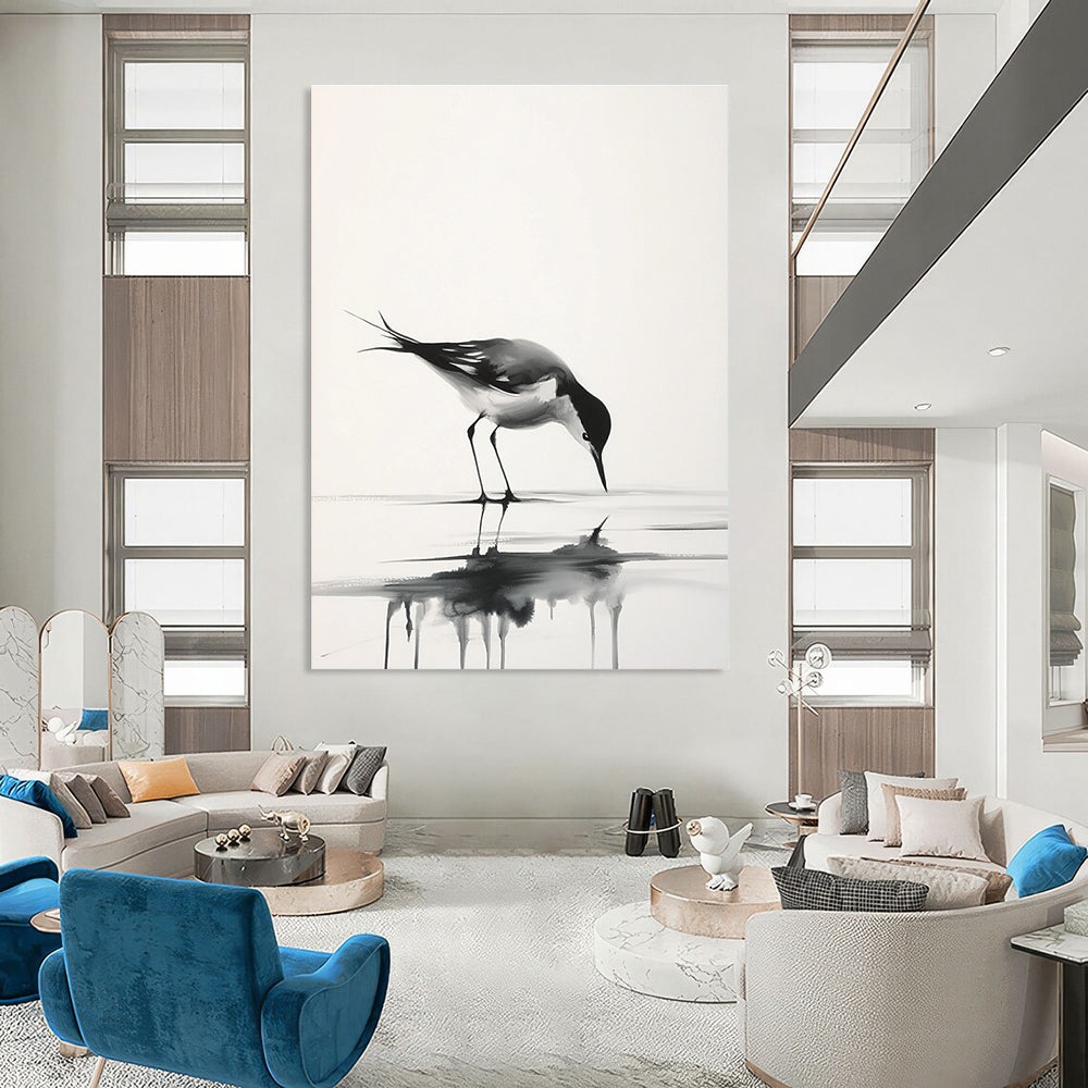Graceful Bird Reflection Abstract Painting in Ink Wash Style GAB0023