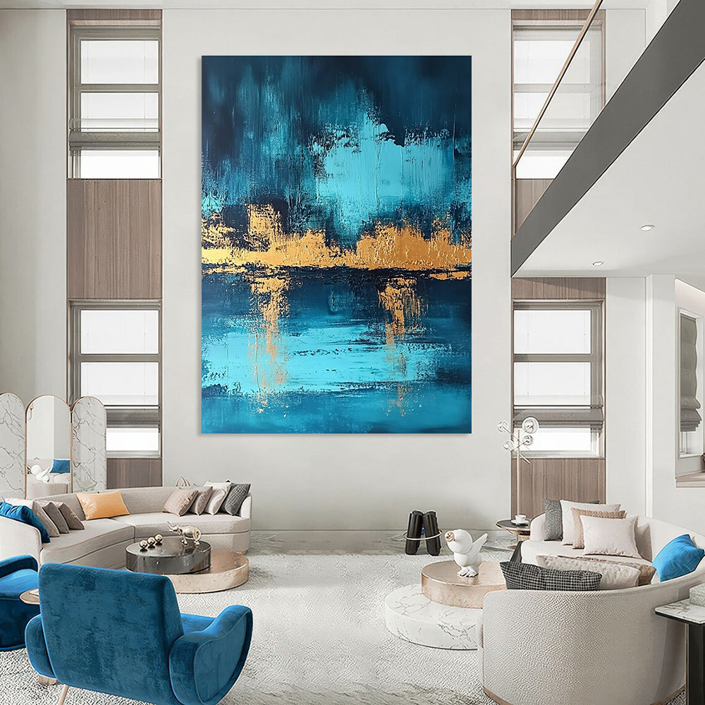 Blue and Gold Reflection - Elegant Landscape Abstract Painting GAB0460