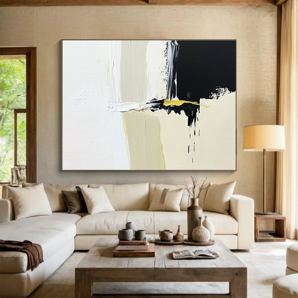 Black, White, and Yellow Abstract with Bold Brushstrokes Abstract Painting ABS365