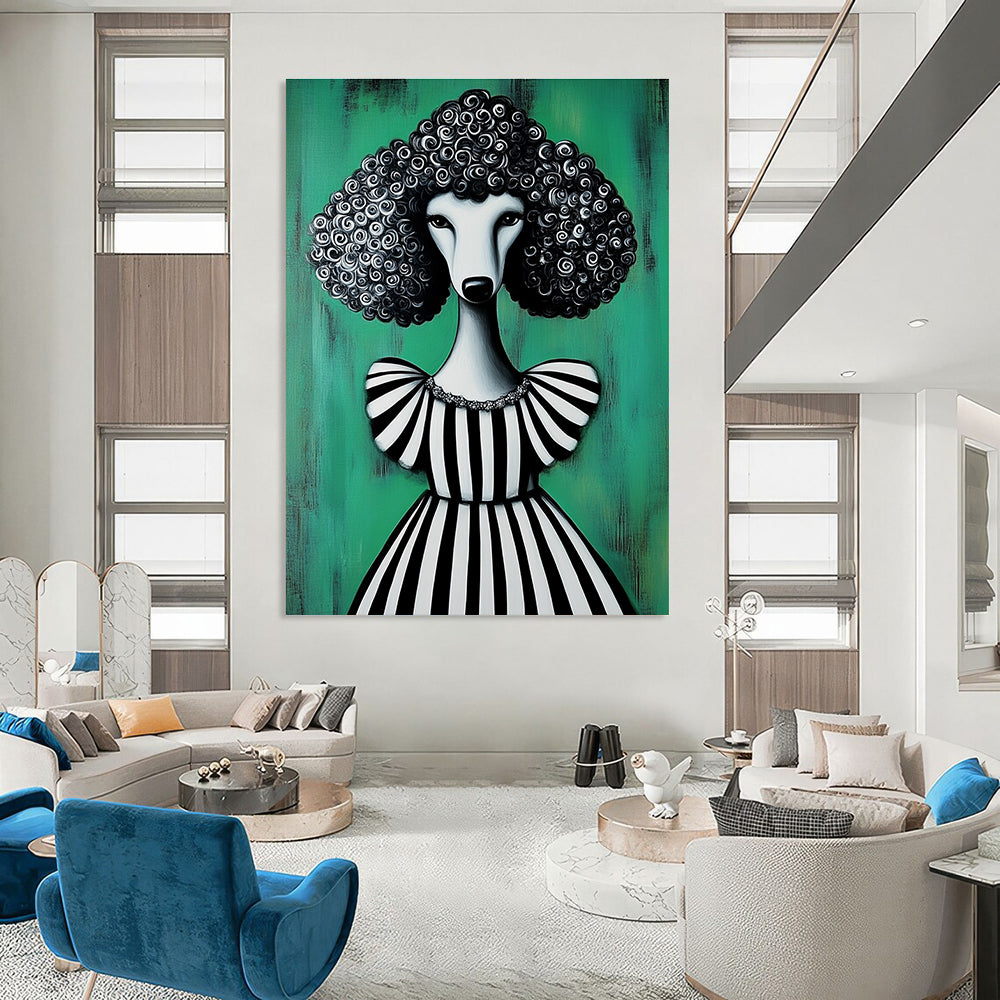Poodle in Striped Dress Painting of Elegant Quirkiness GAB0134