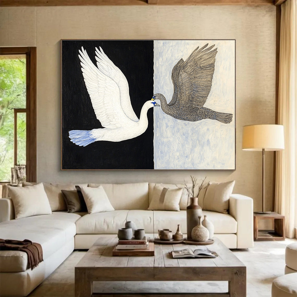 Symbolic Black - White Swans Art Exploring Duality and Harmony in Nature Abstract Painting ABS149