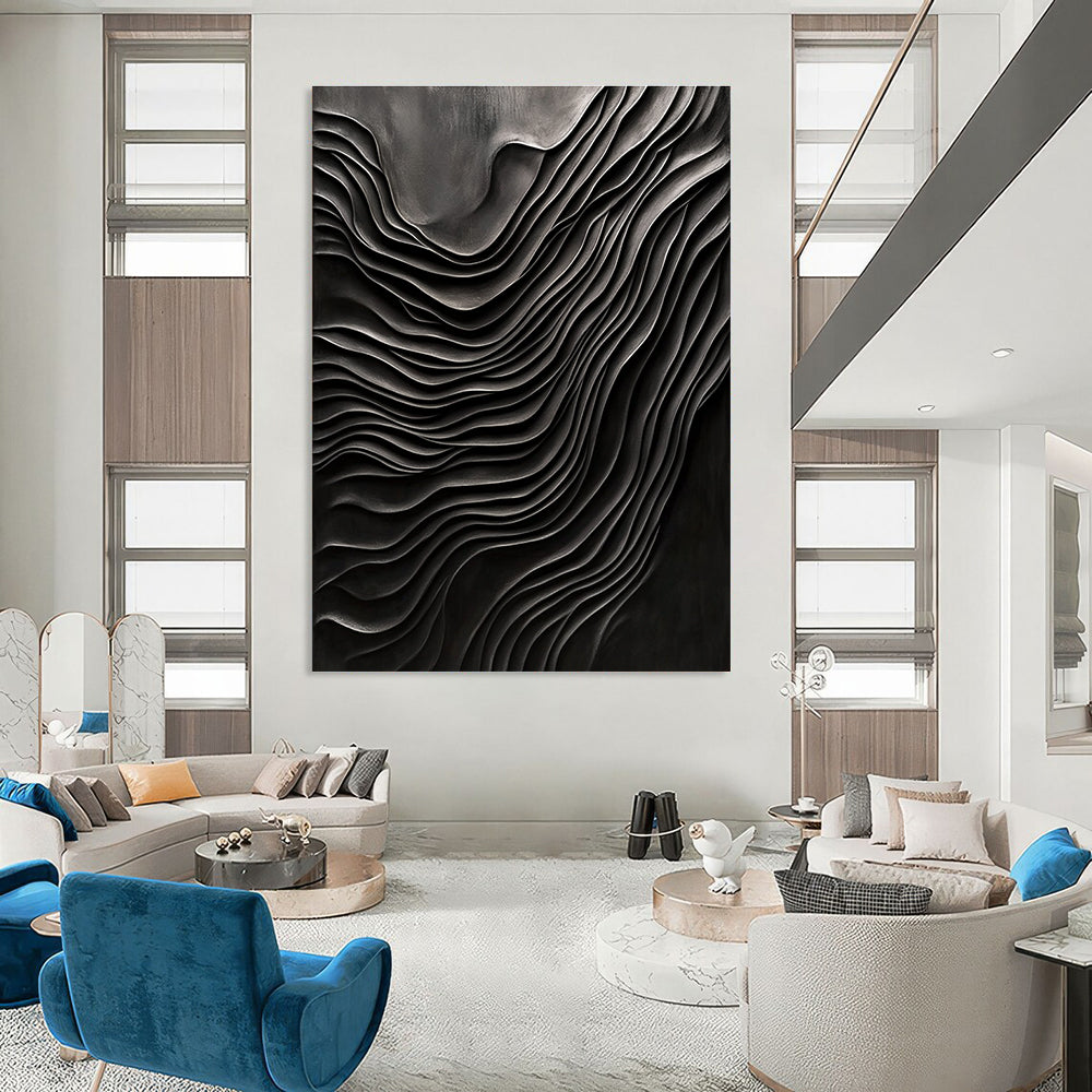 Black Wavy Textures Abstract Painting for Industrial - Chic Art Galleries GAB1328