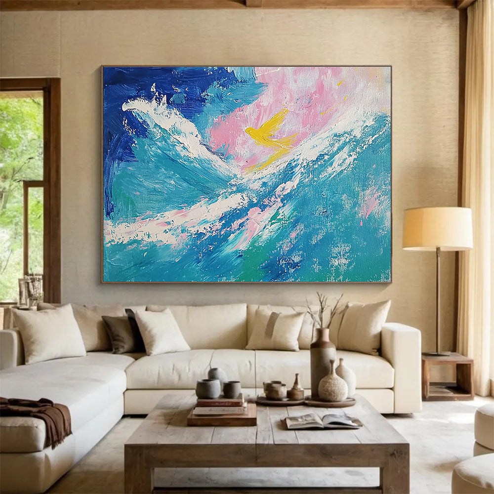 Yellow Bird over Waves Abstract Painting with Dreamy, Symbolic Elements ABS522