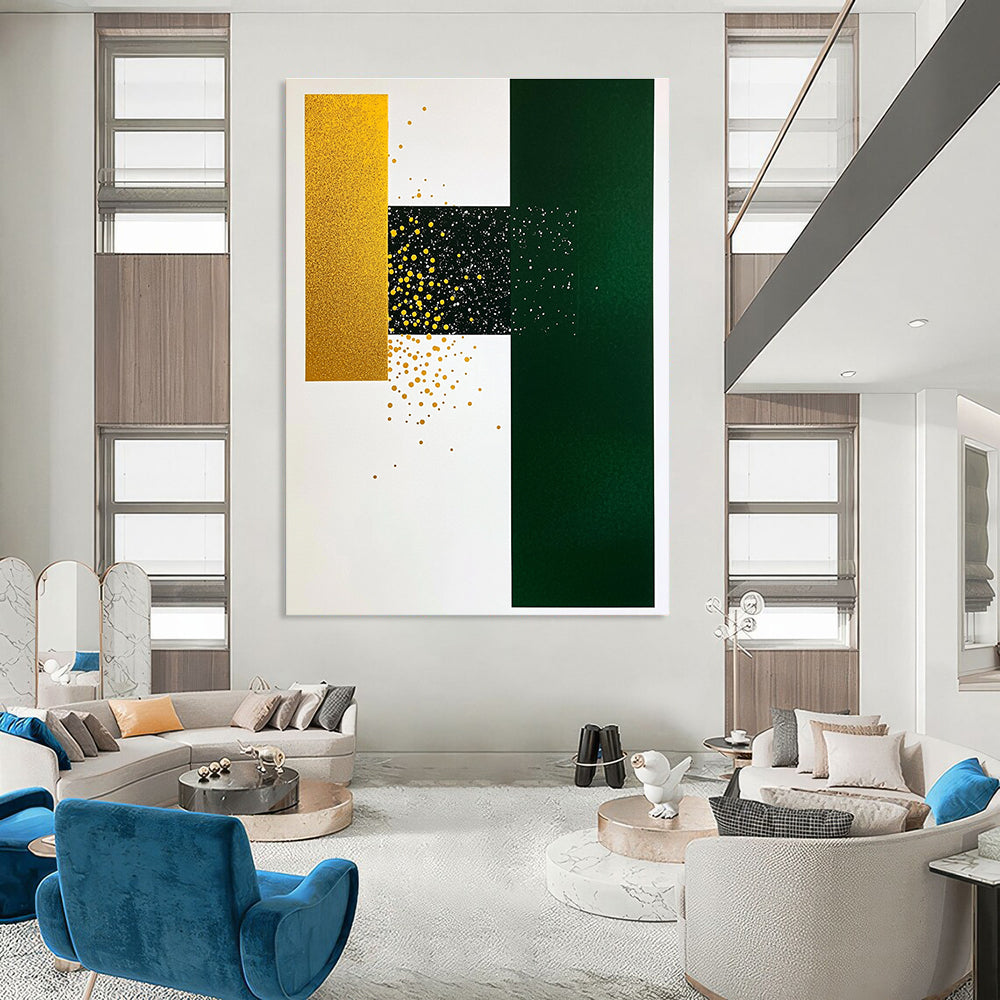 Gold Green Geometric Dots Abstract Painting of Playful Opulence GAB0144