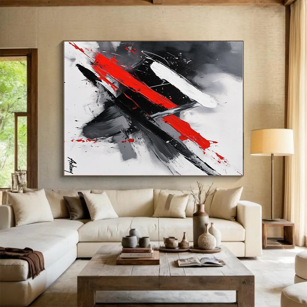 Red, Black, and White Dynamic Strokes Abstract Painting with Energetic Flair WINK245