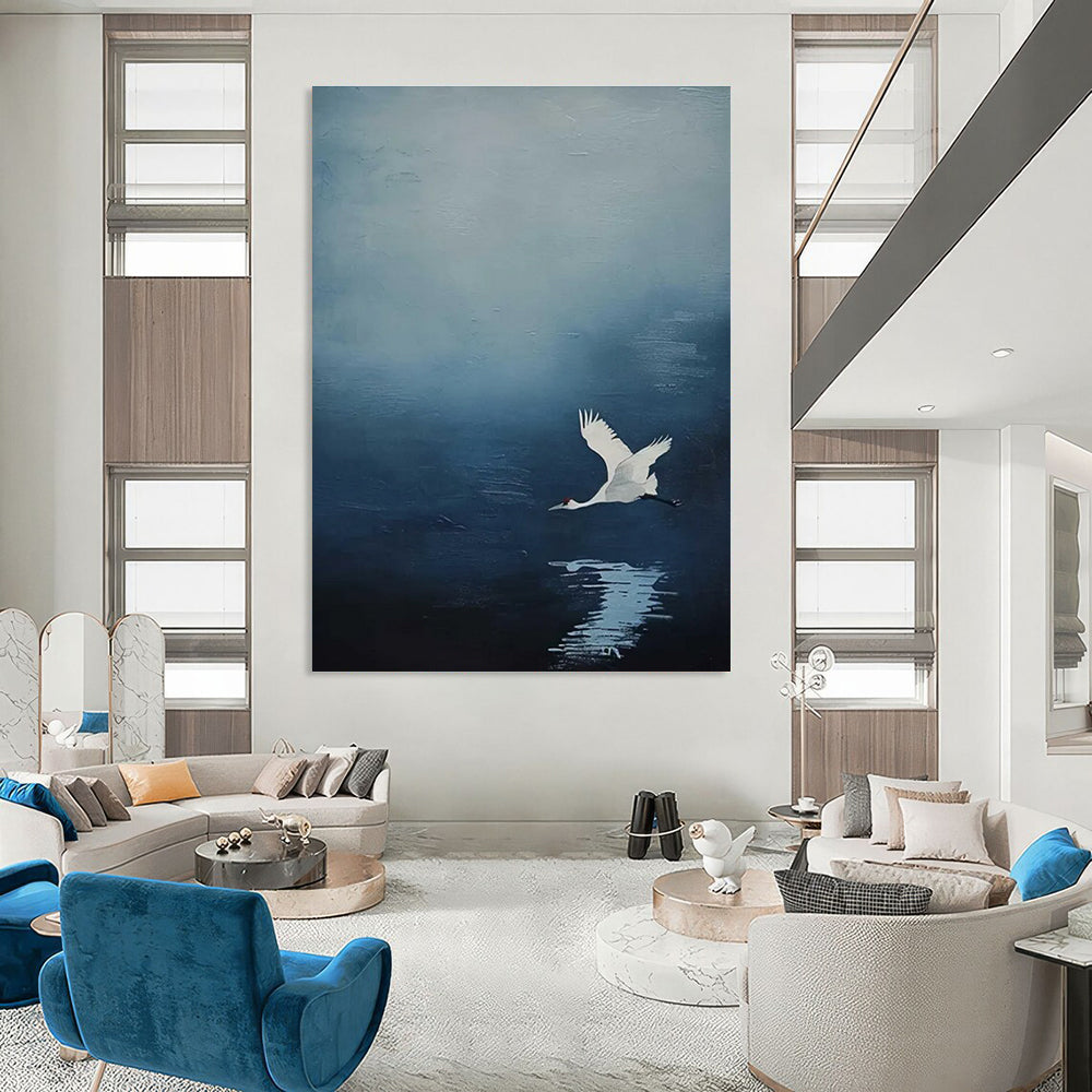 White Crane in Blue Sky Abstract Painting for Zen - Inspired Bedrooms HENG510