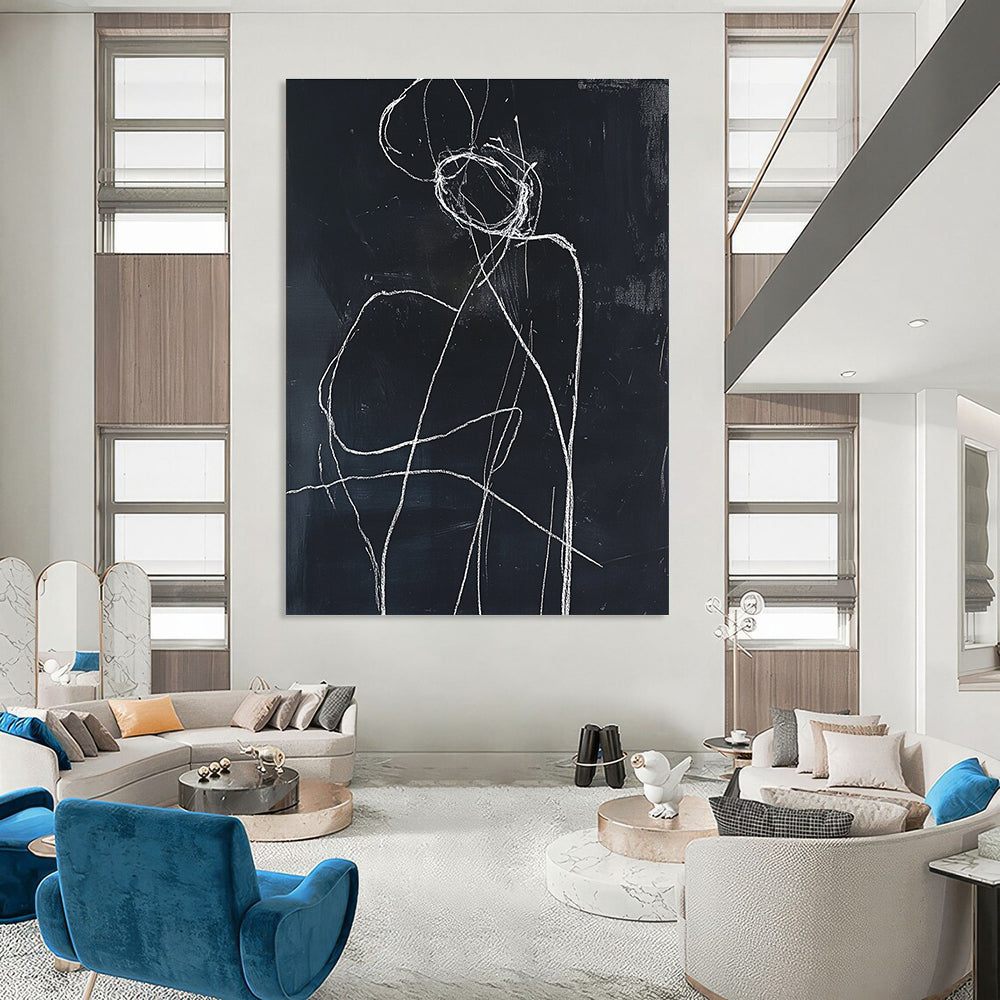 Minimalist Figure Sketch Painting with White Lines GAB0108