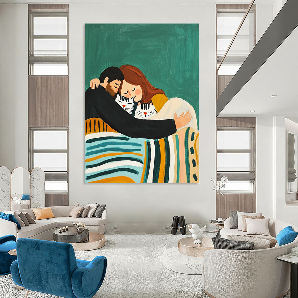 Cozy Family and Cats Painting with Heartwarming Charm GAB0106