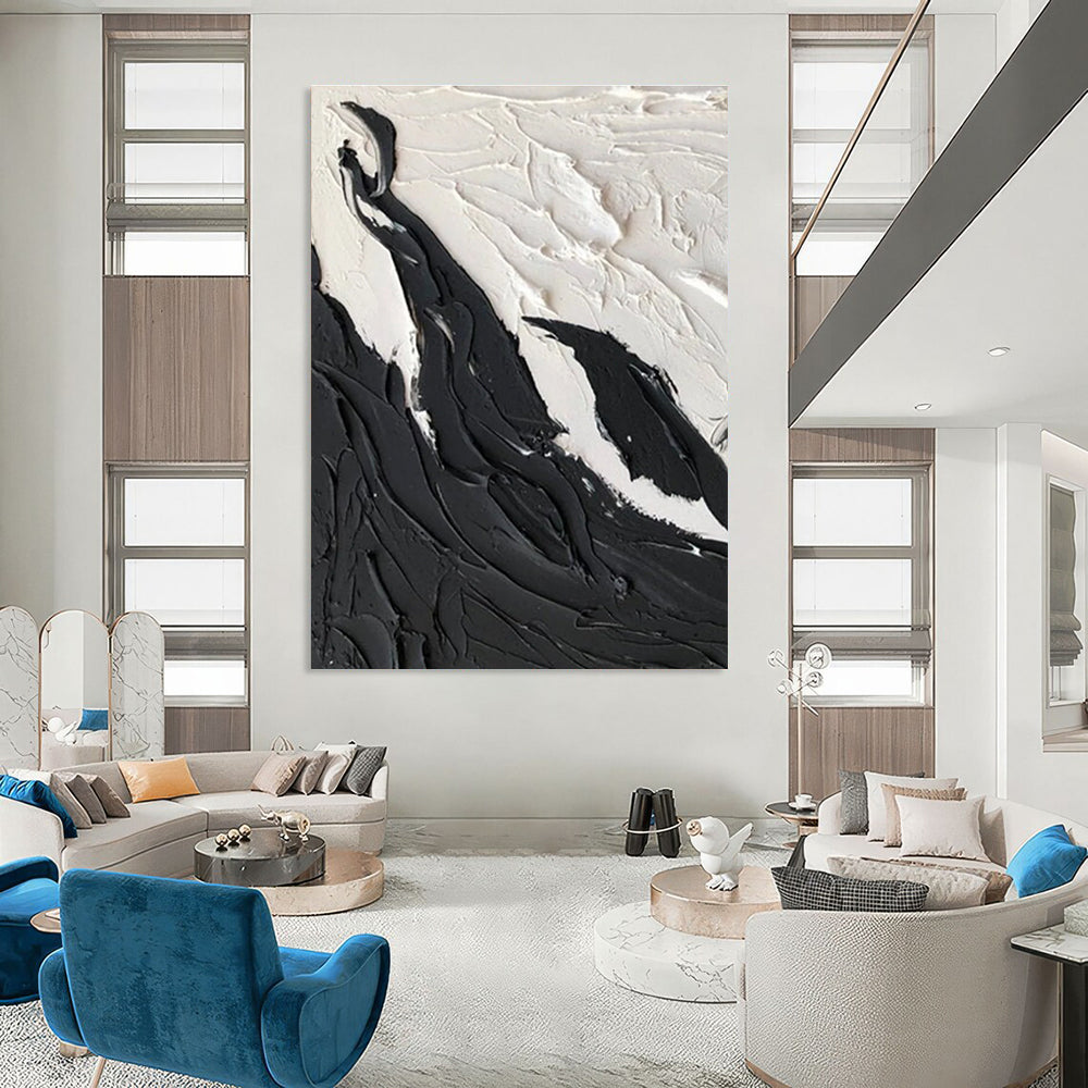Black - White Textured Landscape Abstract Painting for Minimalist Bedrooms HENG395