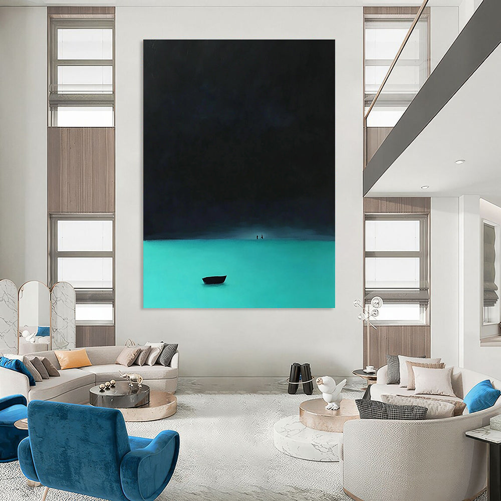 Night Lake with Boat Abstract Painting for Serene Bedroom Retreats GAB1341