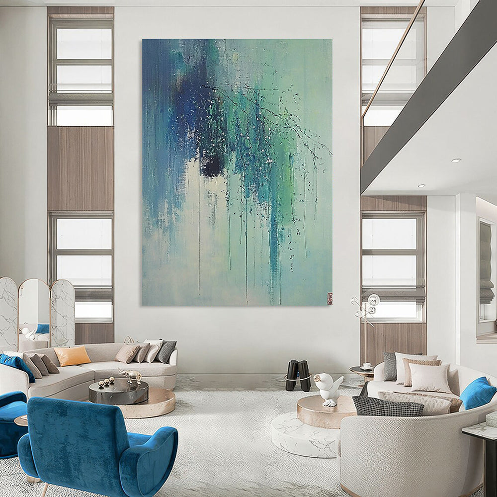 Blue and Green Dripping Branches Abstract Painting of Ethereal Nature GAB0174