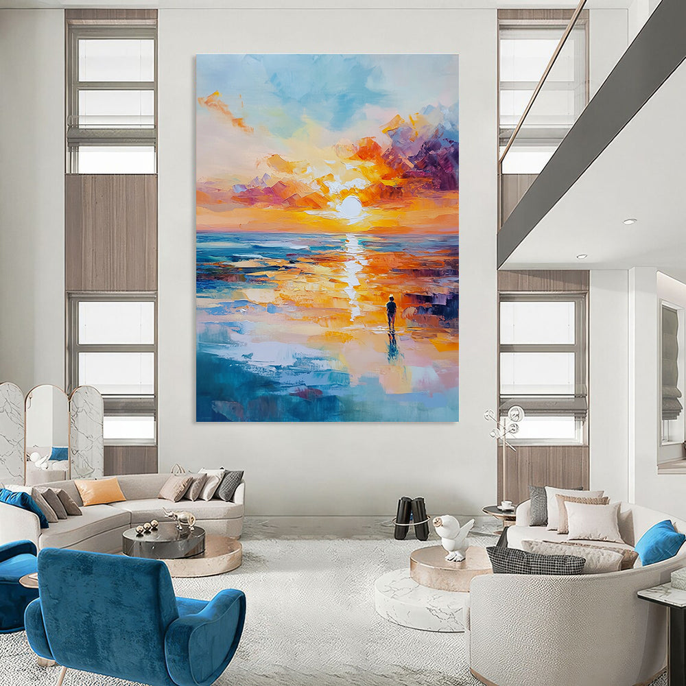 Solitary Figure Sunset Abstract Painting with Emotional Depth GAB0011
