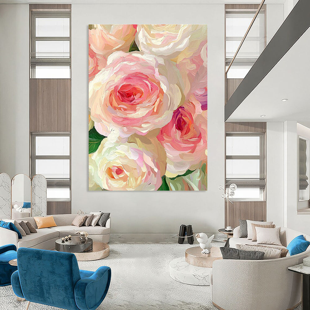 Pink and White Rose Blooms Abstract Painting with Lush Textures GAB0068