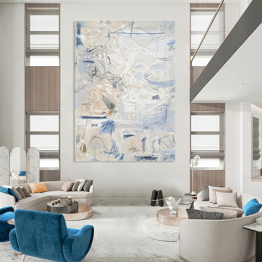 Light - Toned Abstract with Blue Marks Painting for Coastal - Inspired Bedrooms HENG144