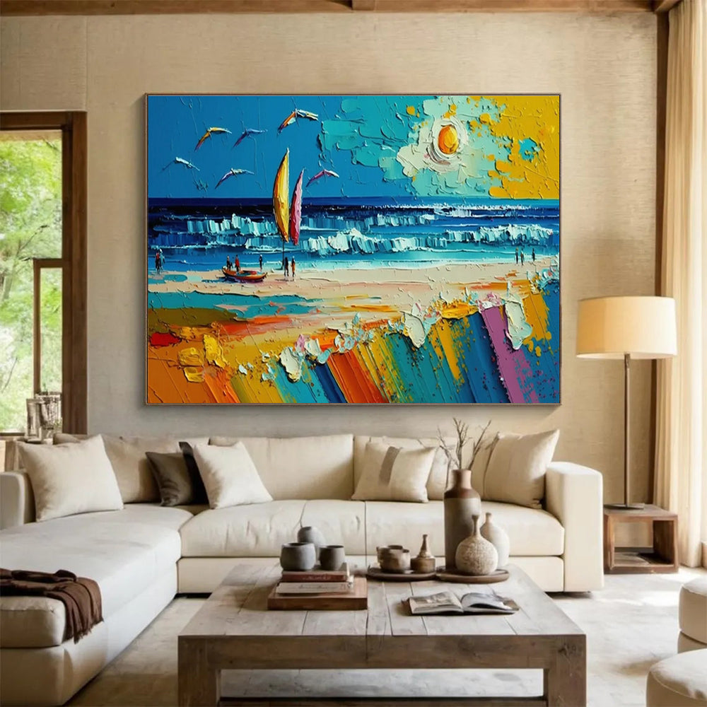 Beach Scene with Sailboat Abstract Painting for Vacation Home Interiors YHT313